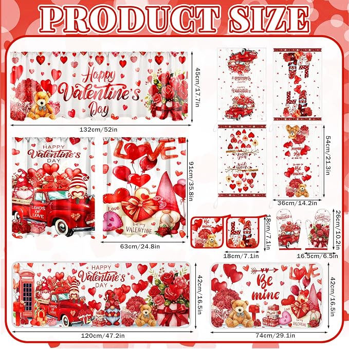 13 Pcs Valentine's Day Kitchen Sets with Kitchen Towels Non Slip Mats Curtains Valance Pot Holders Oven Mitts Red Love Heart Home Decor Accessories Sets for Valentines Cooking Grilling Baking Gift