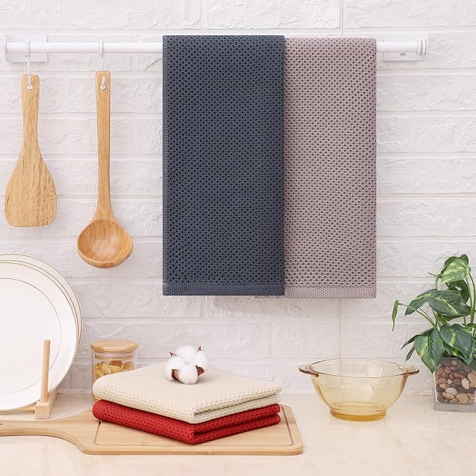 Kitinjoy 100% Cotton Waffle 4-Pack Kitchen Towels, 13" x 28", Multicolor | Super Soft, Ultra-Absorbent, Fast Drying, lightweight, Quick Drying Kitchen Hand Towels