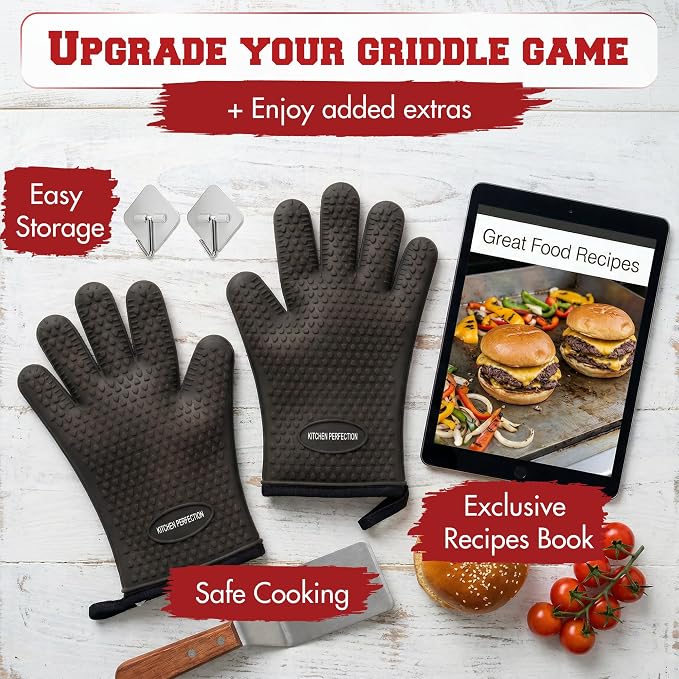 KITCHEN PERFECTION XL Silicone Griddle Gloves - Heat Resistant Oven Mitts | Waterproof, 5-Finger Design For A Better Grip, Best Griddle Grilling Accessories, Compatible with Blackstone, Weber & More