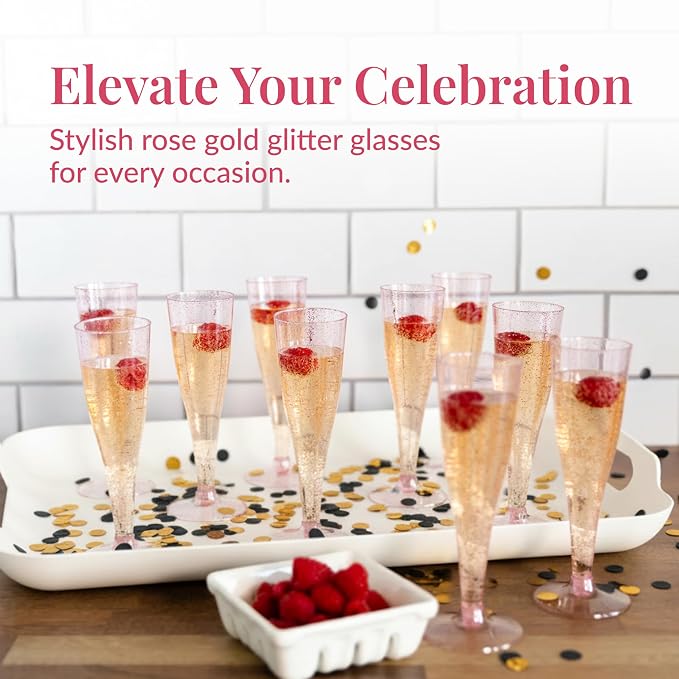 Prestee 24 Piece Plastic Champagne Flutes - 4.5 oz Plastic Wine Glasses with Rose Gold Glitter - Cocktail Glasses for Parties - Party Supplies for Mimosa Bar, Wedding, Shower Party and New Years Eve