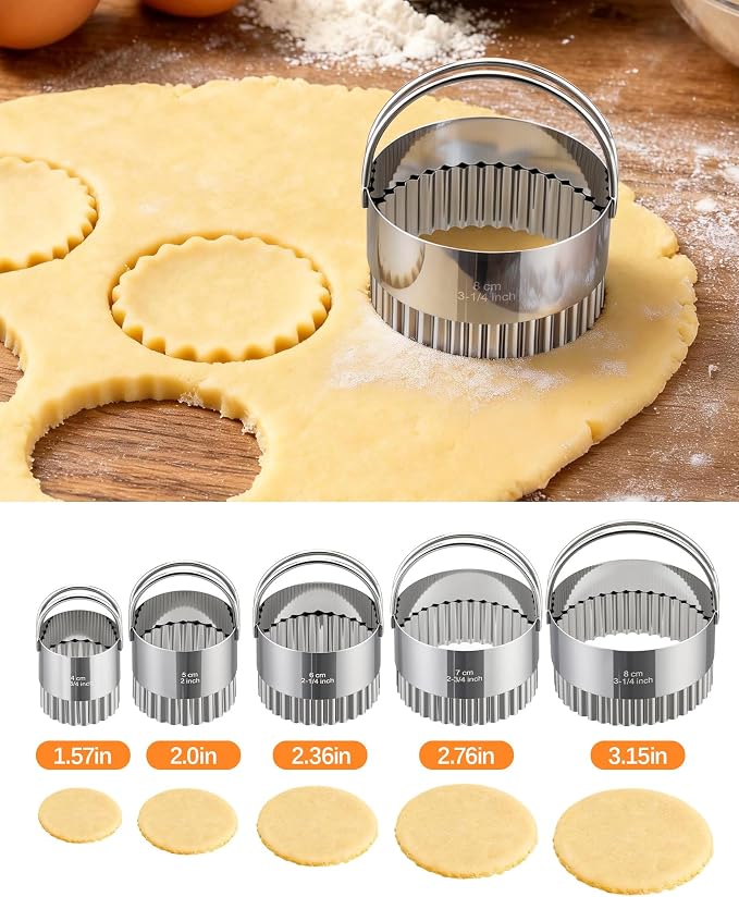 Biscuit Cutter Set with Handle, 5pcs Fluted Cookie Cutters | Pastry, Cakes, Donut Baking Tool, Stainless Steel, Dishwasher Safe, In/cm Markings, Ergonomic Arched Grip