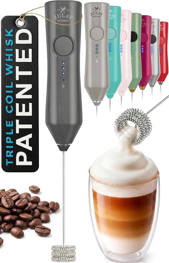 Zulay Kitchen Rechargeable Milk Frother Handheld - Frother Wand, Drink Mixer, Electric Whisk Frother, for Cappuccinos, Matcha & Protein Powder - Dynamic Triple Whisk, 3 Speed 500mAh Charcoal Gray