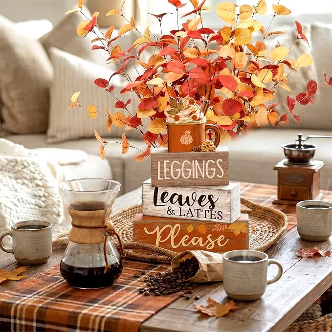 Lineshading 4 Pcs Fall Wood Block Signs Farmhouse Tiered Tray Decor Lattes | Rustic Tabletop Home Styling, Stacked Design with Pumpkin Cup Topper, Autumn Leaves Theme for Seasonal Gifting Display