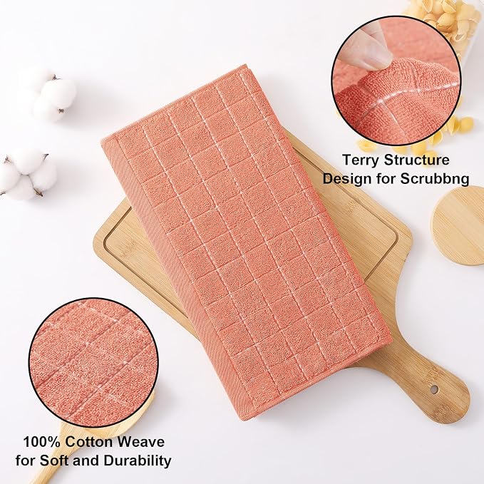Homaxy 100% Cotton Terry Kitchen Dish Cloths, 8 Pack, Coral | Ultra Soft and Absorbent, Suitable for Drying and Washing Dishes