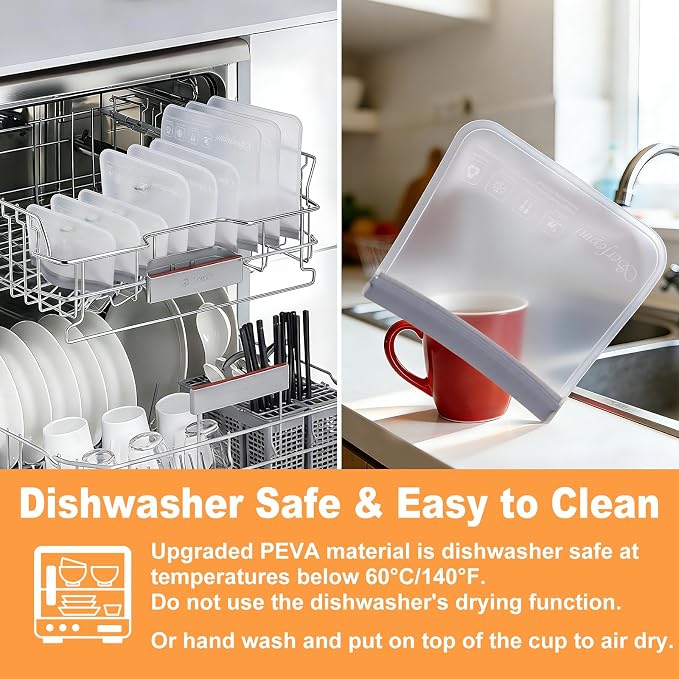 Serfeymi 10 Pack Reusable Gallon Freezer Dishwasher Safe, Extra Thick Reusable Plastic Bags BPA Free, Leak Proof Food Storage Bags with 3 Sizes for Meat, Travel, Fruit - 3 Gallon 4 Sandwich 3 Snack