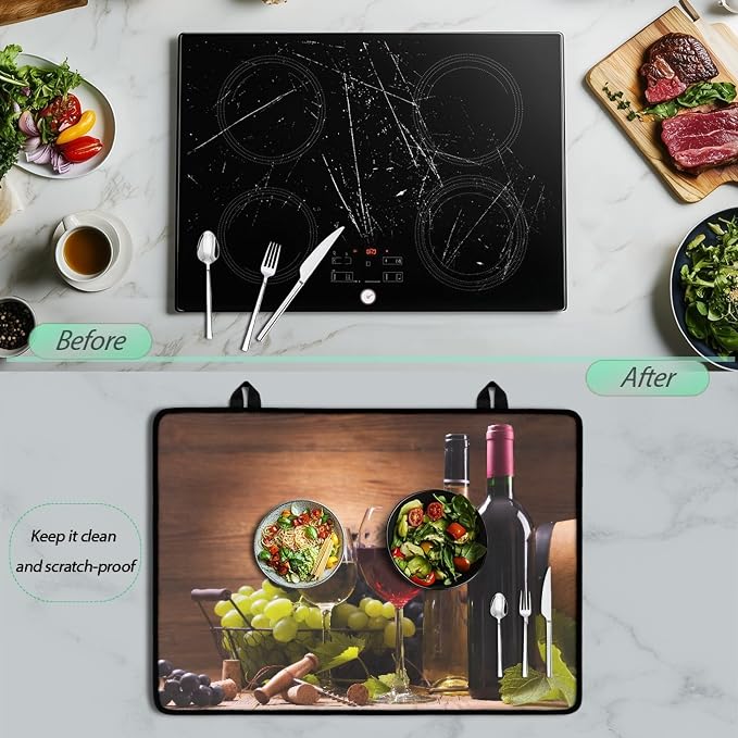 Red White Wine Stove Top Covers for Electric Stove Retro Fruit Grapes Wooden Board Glass Top Gas Stove Pad Heat Resistant Range Cooktop Mat for Kitchen 28"x20"