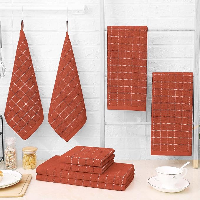 Homaxy Kitchen Towels and Dishcloths Set, Set of 10, Rust | Bulk Cotton Terry Kitchen Towels, Checkered Designed, Soft and Super Absorbent Dish Towels, 12 x 12 and 13 x 28 Inches