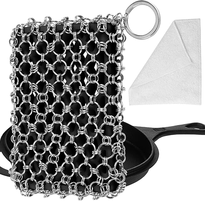 Herda 316L Cast Iron Scrubber Cleaner, Large Chainmail Cast Iron Cleaner | Honeycomb Silicone Insert,Flexible,Stainless Steel Chain Mail Metal Sponge Scrub Skillets,Oven,Flat Top,Grill Pan Pot Brush