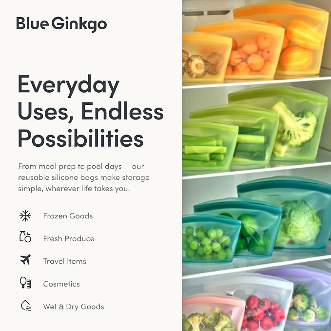 Blue Ginkgo Silicone Food Storage Bags, 3-Pack, Reusable, Made in Korea | Leakproof. Stand Up. Freezer and Dishwasher Safe. (Olive Green)