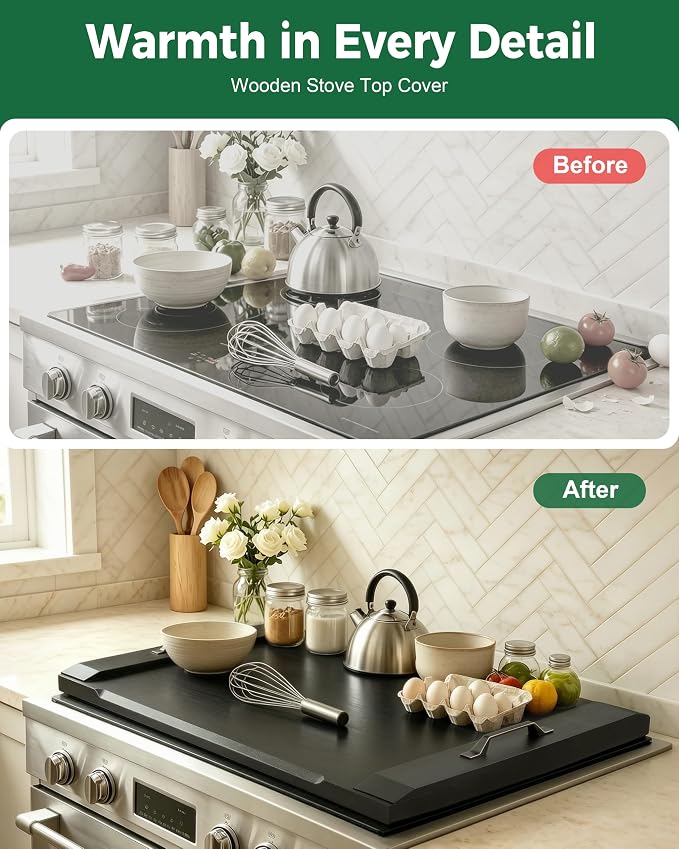 Gaialoop Noodle Board Stove Cover for Glass Electric Stovetop with Handles | Black Acacia wood stovetop cover adds counter space, elevates your kitchen, and protects most 30" glass top electric stoves
