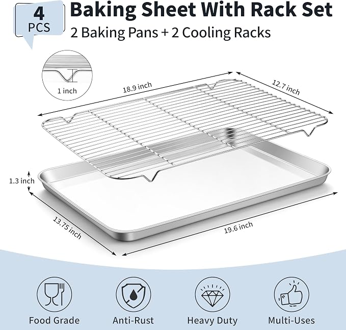 TeamFar Stainless Steel Baking Sheet with Rack Set, 17.6"x13"x1" | 2 Pans + 2 Racks, Cookie Sheet Baking Pan Tray with Cooling Rack for Cooking, Non-Toxic & Rust Proof, Dishwasher Safe