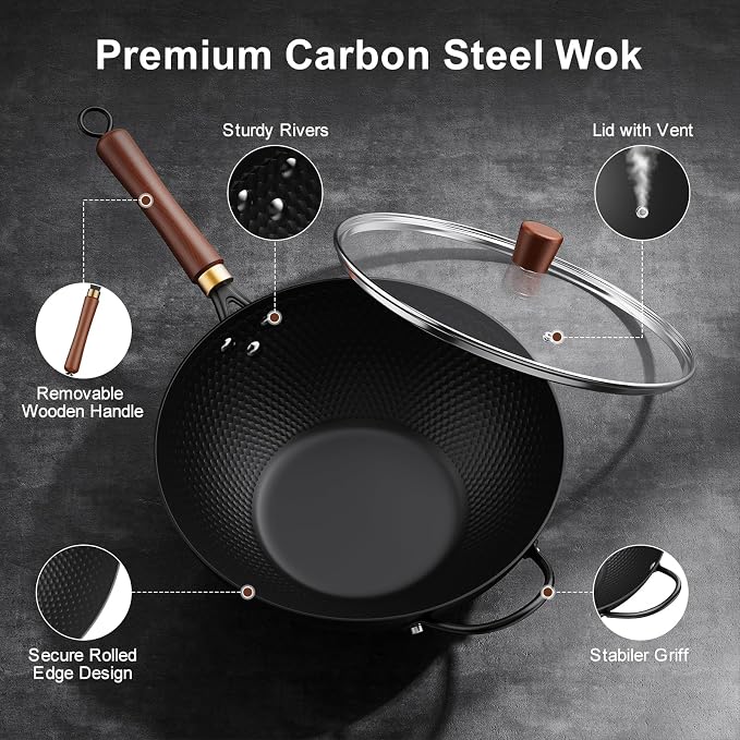 Todlabe Wok with Lid, 13 Inch Carbon Steel Woks & Stir-fry Pans Nonstick | Pre-Seasoned 5.6QT Flat Bottom Chinese Wok Pan with Lid, PFOA/PTFE free Cookware Compatible with All Cooktops
