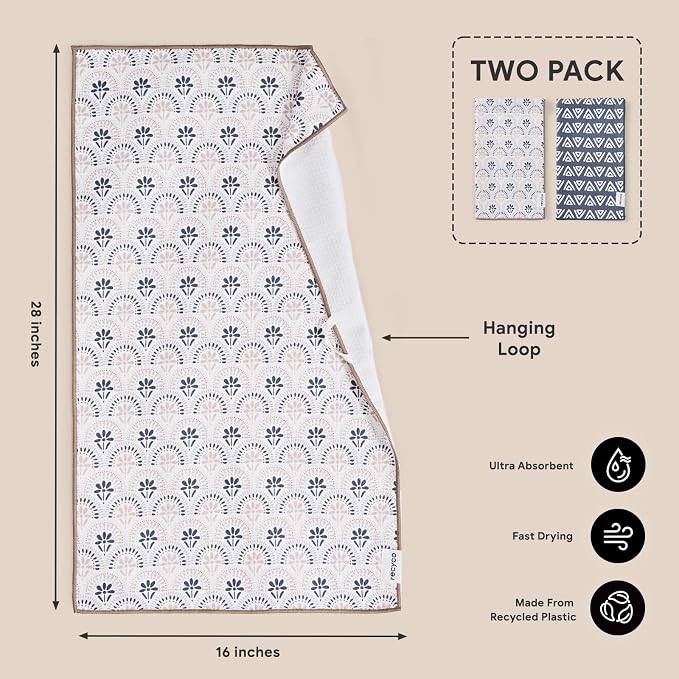 RECYCO Waffle Kitchen Towel Set of 2 - Quick Dry Microfiber Sustainable Dish Towels - Ultra Absorbent Reusable Cleaning Tea Towels - Lightweight Hand Towels,16”x 28”, Neutral Boho