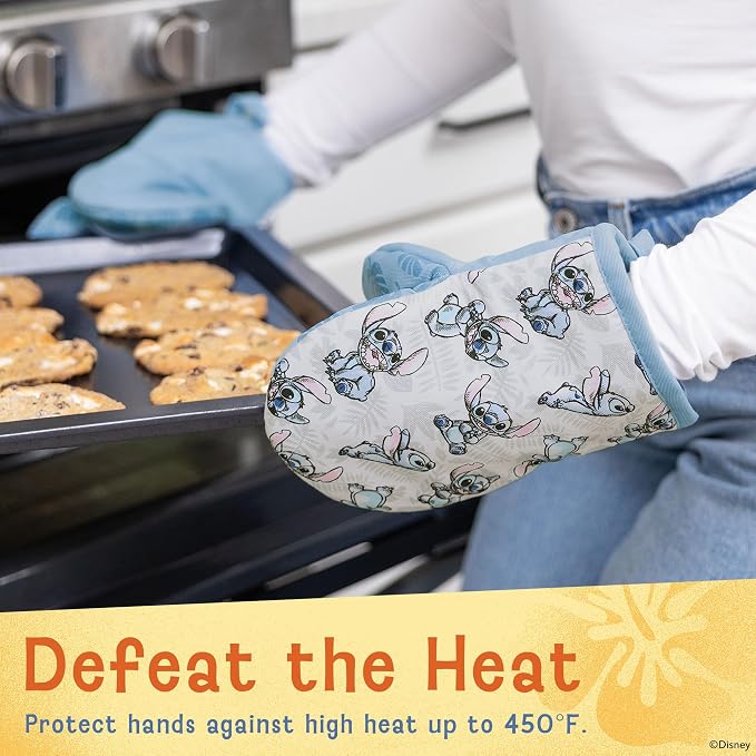 Disney Stitch Mini Oven Mitts, 2-Pack, Heat Resistant 450F | Compact 5.5"x7.5" pot holders for kitchen, printed silicone offers non-slip grip, ambidextrous, hand wash or spot clean