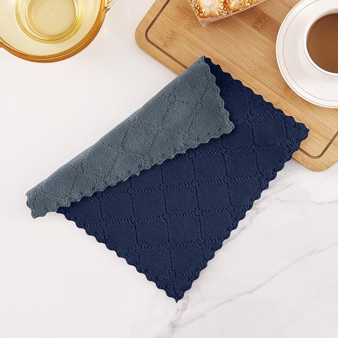Homaxy 12 Pack Super Soft Dish Cloths, 10" x 10", Dark Grey & Navy Blue | Coral Velvet, Nonstick Oil Fast Drying Microfiber Cleaning Cloth, No Lint Household Dishcloths