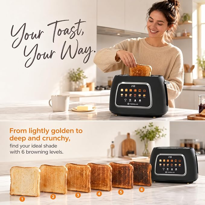 Tesslux Toaster 2 Slice, Extra Wide Slot, 800W, Touch Screen Panel, Black | LED Countdown, Defrost, Reheat, Cancel, 6 Bread Modes, 6 Browning Levels, Crumb Tray, Matte Black Stainless Steel