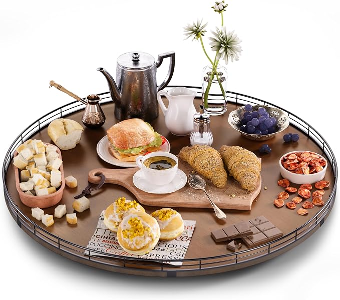 AMH 24-Inch Extra Large Farmhouse Oak Lazy Susan Organizer, Walnut Finish | Smooth rotating oak tray with walnut finish for dining tables, kitchen counters, pantries and cabinet storage.