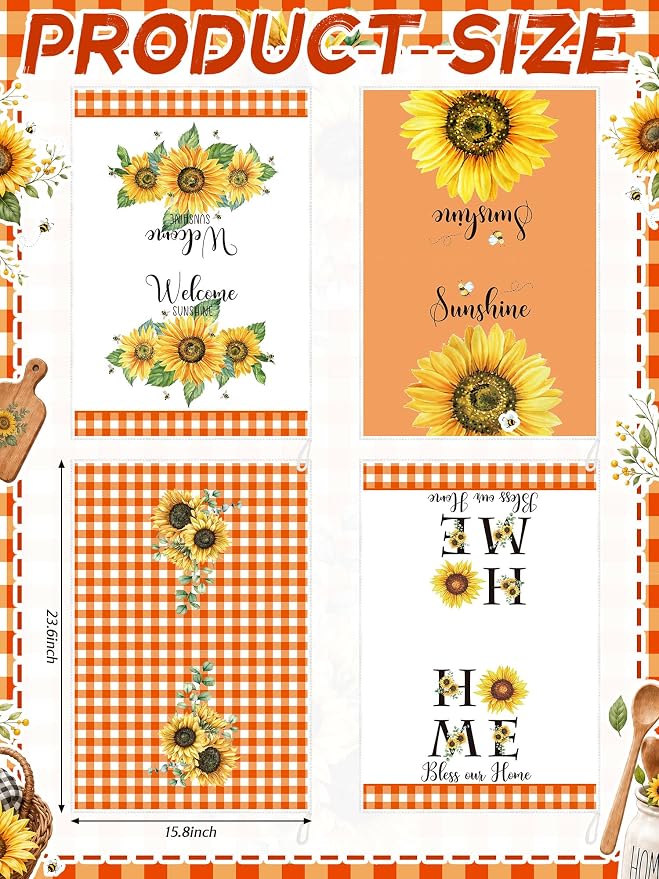4 Pcs Sunflower Kitchen Towels Burnt Orange Hand Dish Towels Gift | Absorbent Sunshine Grid Fast Drying Tea Dishcloth Housewarming Gift for Cooking Bathroom Kitchen Decor