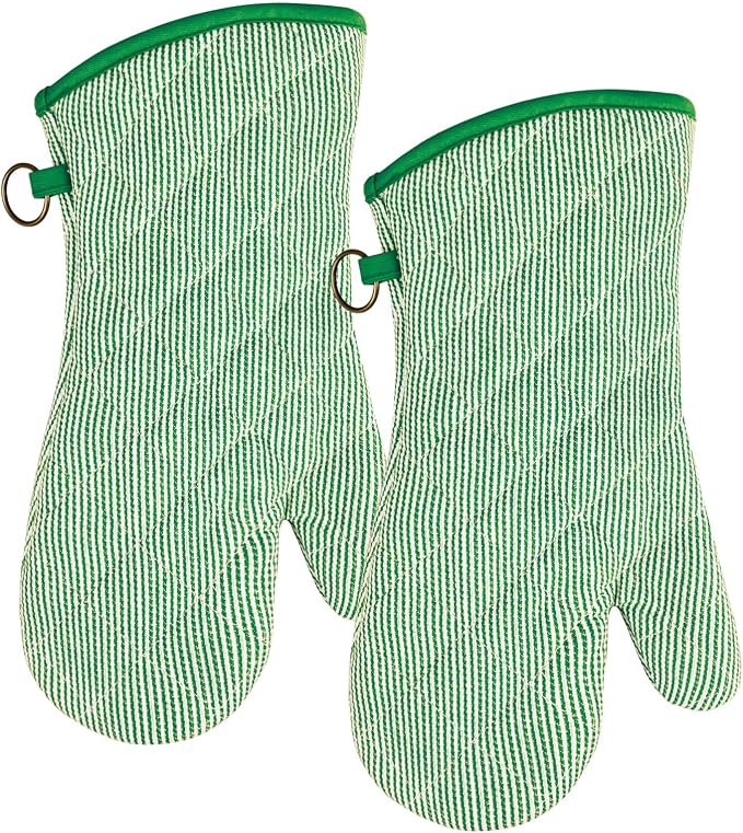 Yarn Dyed Oven Mitts 1 Pair, 100% Cotton Heat Resistant 470 Degree | Oven Gloves for Men Women Cooking Baking Barbecue BBQ Microwave Crafting Machine Washable Pot Holders Mittens (Green 2)