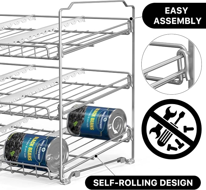 Simple Houseware Stackable Can Rack, Silver, Adjustable Plastic Dividers, Holds 36 Cans | Can Food Storage Dispenser for Pantry/Cabinet, Adjustable Dividers – 11.5" D x 17" W x 13.75" H