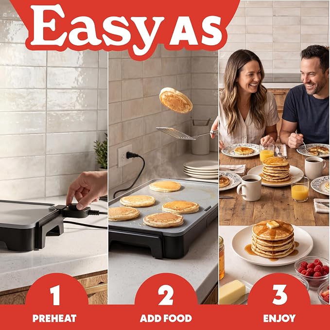 Gourmia 22 Inch XL Electric Griddle Pan - Nonstick Extra Large Flat Top Ceramic Surface, Countertop Cooker, Adjustable 200°F–400°F, Pull-Out Drip Tray, Compact Handle-Free Design