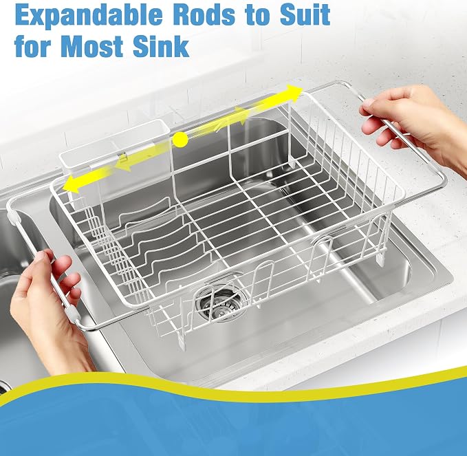 JASIWAY White Dish Drying Rack in Sink, Dish Drainer with Utensil Holder | Over The Sink Expandable Stainless Steel Strainer Dryer Rack for Small Kitchen, Counter Space Saving, Fast Drain, Rustproof
