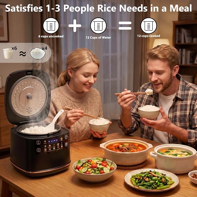 Portable Digital Rice Cooker, 6-Cup (Uncooked)/12-Cup (Cooked) Small Rice Maker with Steaming Basket, Mini Rice Cooker with 2L Removable Nonstick Inner Pot, 10 Menu Options, Auto Keep Warm, 24 Hour Delay Timer (Black)
