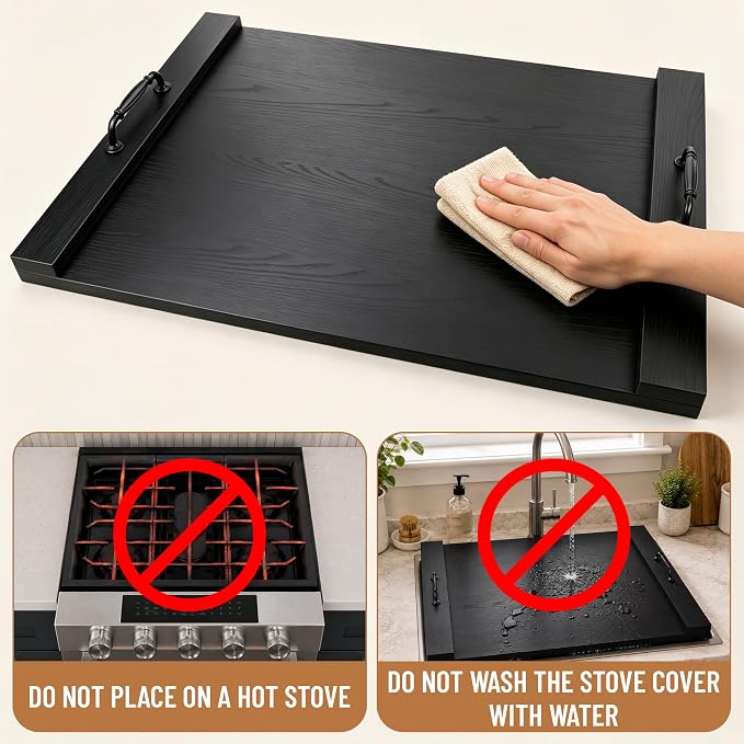 Stove Top Cover, 29.5 x 22 in Noodle Board for Electric Range and Gas Cooktop, Wooden Range Cover with Handles, Farmhouse Kitchen Decor