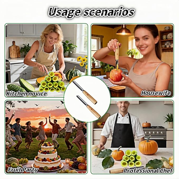 2-Pack Vegetable Corer Tool - 8" Stainless Steel Fruit & Veggie Corer for Zucchini, Apples, Eggplant - Hollow Out for Stuffing with Wood Handle - Kitchen Coring Tool