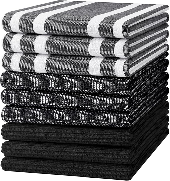 Homaxy Cotton 380 GSM Premium Kitchen Towels, 18"x 28", 9 Pack, Black | Soft and Absorbent Terry Dish Towels, Multipurpose Tea Towel Set with Hanging Loop, 3 Styles Kitchen Hand Towels