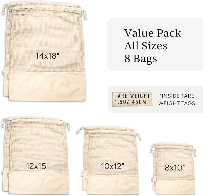 Reusable Produce Bags – 100% Cotton Mesh & Solid Hybrid (Mixed Sizes 8 Pcs – S/M/L/XL) – Multi-Use Grocery & Storage Bags for Fruit, Vegetables, Toys, Clothes, Travel – Washable, Zero Waste