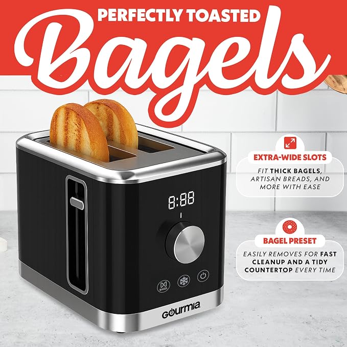 Gourmia 2 Slice Toaster – 6 Browning Levels with Bagel and Defrost Mode, One-Touch Toasting, Removable Crumb Tray, Extra Wide Slots, Compact Design, Black