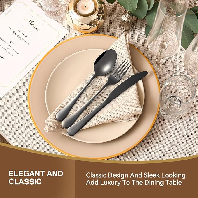 Black Silverware Set, 30 Piece Flatware Cutlery Set for 6, 18/0 Stainless Steel Silverware, Mirror Polished Cutlery Utensil Set Includes Knife Fork Spoon For Home Kitchen Restaurant Gift