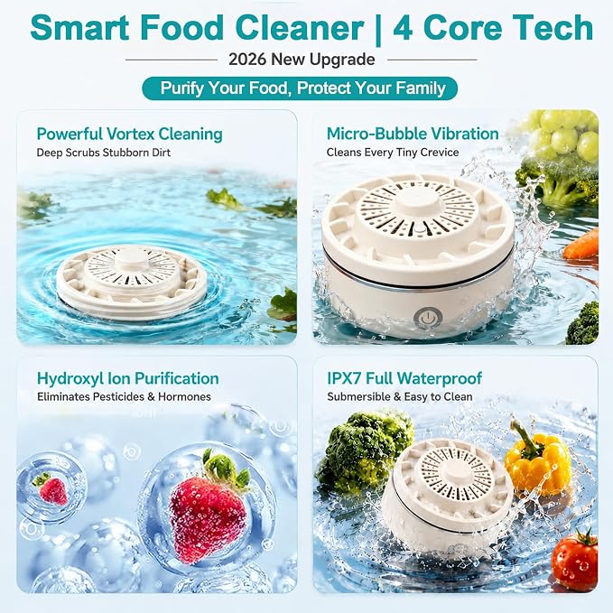 Fruit and Vegetable Wash Machine, AZ GOGO Produce Cleaner Device, 2026 New Ti Electrolysis Wireless Automatic Fruit and Vegetable Washer Portable Food Purifier (Beige)