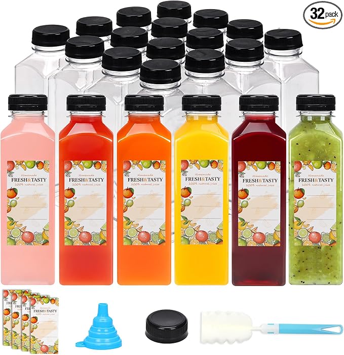 TOMNK 32pcs 16oz Plastic Juice Bottles with Caps, Sticker Labels, Brush | Clear Reusable Juice Containers with Lids and Labels, Funnel, Brush, Beverage Containers for Juicing, Smoothies, Tea, Milk