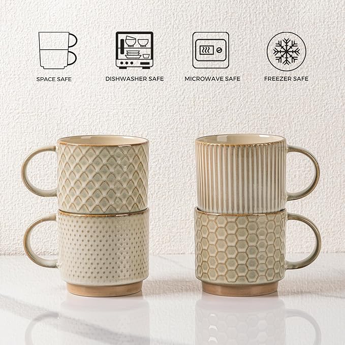GBhome 12 OZ Stackable Coffee Mugs Set of 4, Ceramic Coffee Cups Set | 4 Assorted Designs, Embossed Mugs with Texture Patterns for Tea/Coffee, Dishwasher&Microwave Safe, Pale Khaki