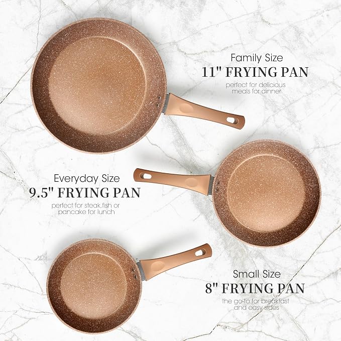 Innerwell Nonstick Ceramic Frying Pans Skillets Set 8"+9.5"+11" | No Toxic Egg Omelette Frying Pan Set, All Stove Compatible, Healthy Granite Induction Cooking Pan, PFOA & PFAS Free, Gold