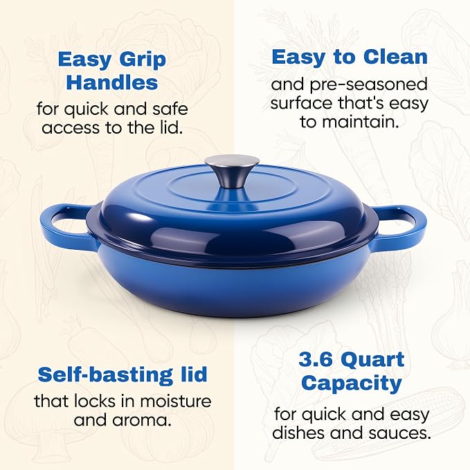 3 Quart Enameled Cast Iron Braiser, Non Stick Enameled Cast Iron Skillet with Lid, Dutch Oven Skillet with lid up to 500°F for Oven, Stove, Grill, Shallow Dutch Oven for Cook, Bake (Blue)