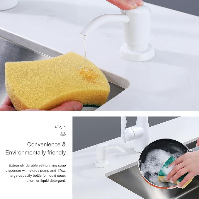 Dish Soap Dispenser for Kitchen Sink, 17 oz Bottle, White | Refills From The Top, No-Leak ABS Pump, DIY Installation, 360° Swivel, Fits 1–1.5 in Sink Holes; for Dish Soap or Lotion