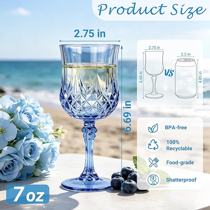 12Pack Plastic Wine Glasses, 7oz Vintage Goblets for Wedding | Unbreakable Crystal Style Reusable Stemware, Elegant Blue Drinking Glass for Party Anniversary & Holiday Celebration