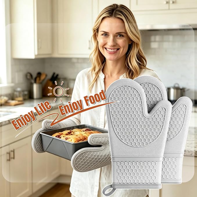 2-Pack Silicone Oven Mitts, 500°F Non-Slip Washable Heat Resistant Gloves, Grey