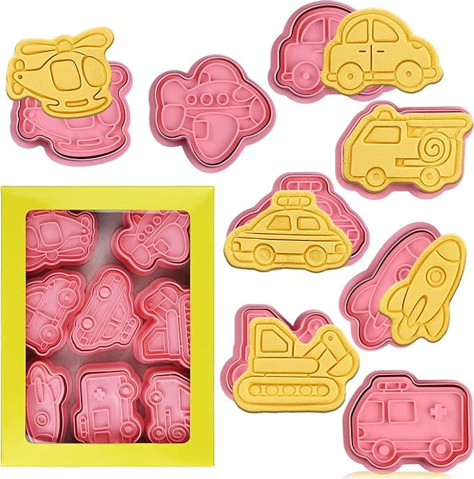 8 Piece Transportation Vehicle Cookie Cutters With Plunger Stamper | Transportation Theme Embossing Cutter For Fondant Biscuit Pastry Cheese Baking