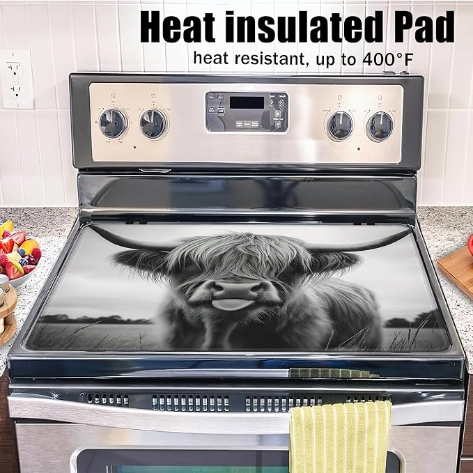 Stove Top Covers for Electric Stove,Highland Cow Flat Top Stove Cover,Rustic Farmhouse Heat Resistant Glass Top Stove Cover Protector Anti-Slip Range Covers, 28 x 20 Inch
