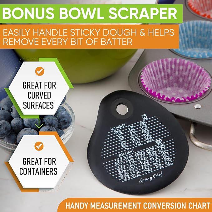 Spring Chef Stainless Steel Bench Scraper & Bowl Scraper Set for Baking | Heavy Duty Dough Cutter Tool & Bowl Pastry Scraper with Measurements for Pizza, Bread, Pastries, Sourdough, Black