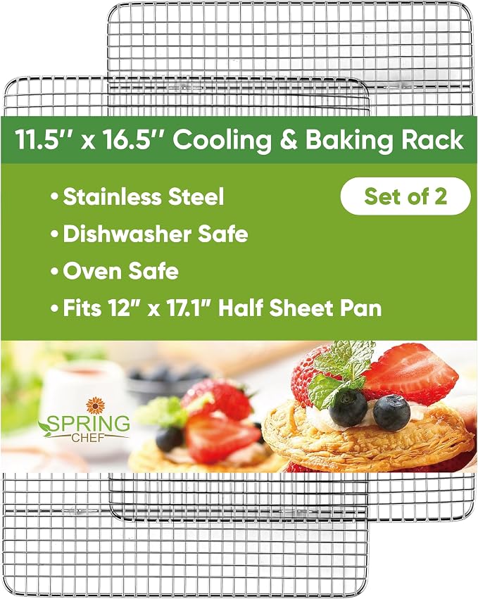 Spring Chef 11.5" x 16.5" Stainless Steel Cooling Rack for Baking, Set of 2 | Heavy Duty Grill Rack for Kitchen, Oven Safe Baking Rack, Fits Half Sheet Roasting Pan, Dishwasher Safe