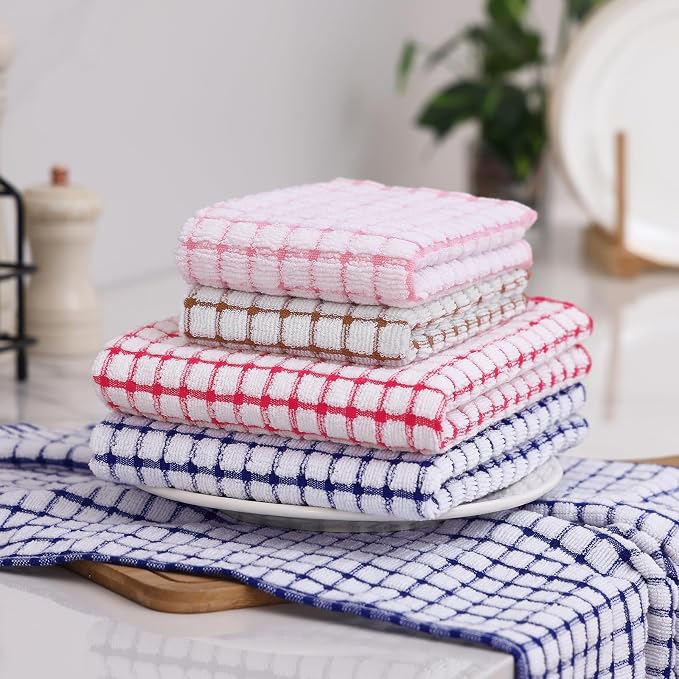 Homaxy Kitchen Towels and Dishcloths Set, Set of 16, Blue/Pink/Red/Brown | Cotton Terry Kitchen Dish Towels, Super Soft and Absorbent Dish Cloths, 16 x 25 and 12 x 12 Inches