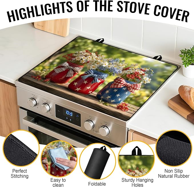NYZE Patriotic Stove Top Covers for Electric Stove 28x20 Heat Resistant Decorative Red White Blue Stovetop Cover Decorative Flat Top Protector for Kitchen Counter | Independence Day Patriotic Jars Stovetop Protector, Glass Flat Top Cover and Dish Dryin...