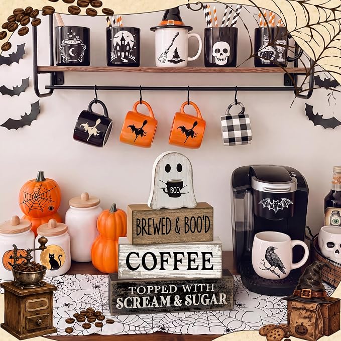 Lineshading 4 Pcs Halloween Ghost Blocks, Wooden Coffee Farmhouse Decor | Tiered Tray Decor for Home, Coffee Bar Table Decoration, Stacking Blocks with BOO Topper, Rustic Halloween Accents