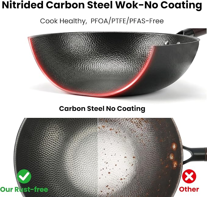 13 Inch Carbon Steel Wok with Lid, Large Flat Bottom Woks & Stir-Fry Pan | Large Chinese Wok Pan, 6.45QT, Nitrided Carbon Steel, No Chemical Coating, For All Stoves