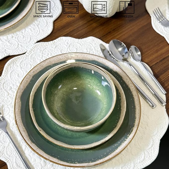 Sweejar 12 Pieces Ceramic Dinnerware Sets for 4, Moss Green | Gradient Glaze Plates and Bowls Set, Microwave & Dishwasher Safe, Stackable Dish Set, Scratch Resistant Dishware Sets
